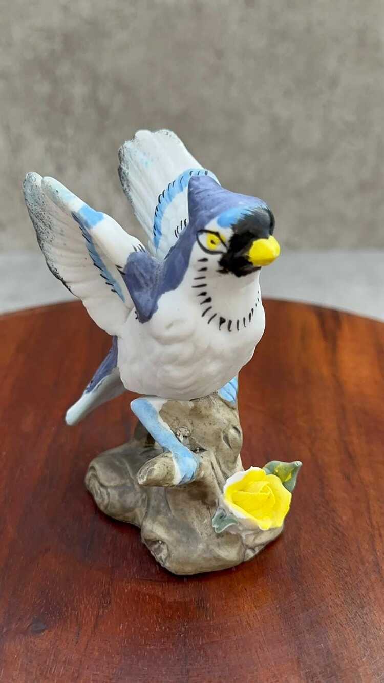 Vintage Ceramic Blue Jay Figurine with Yellow Rose Accent